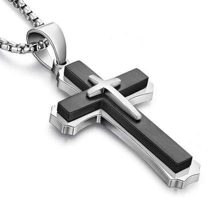 Men's Cross Necklace 316L Stainless Steel Large Heavy Cross Pendant for Men Polished Jewelry Rolo Chain with 22'' 24'' 26'' - color: E-White and Black, size: 26 inch