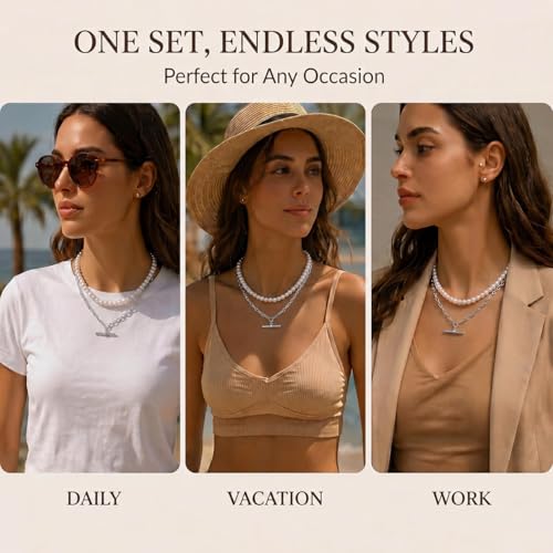 Layered Necklaces for Women Pearl Necklace Stack Gold T Bar Necklace Set Dainty Heart Pendant Jewelry Trendy 2026 Fashion Accessories Gifts - color: B2:2pcs-silver-8mm