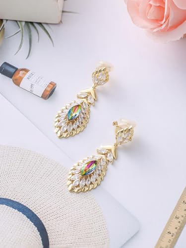 Clip On Crystal Dangle Non Pierced Earrings for Women 14K Gold Plated Jewelry - color: Oct-Opal-Rose Gold