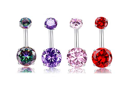 HQLA 14G Belly Button Rings Surgical Stainless Steel Round Cubic Zirconia Navel Barbell Stud Body Piercing - color: 4pcs(Pink+Red+Purple+Black Corlorful)