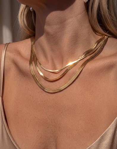 DEARMAY 14K Gold Plated Herringbone Necklaces for Women, Dainty Gold Snake Choker Chain Non Tarnish Trendy Simple Thin & Chunky Options Neckalce 1.5/3/5/6/8mm Chain Jewelry for Gifts - color: 8MM 16"-GD Herringbone Necklace