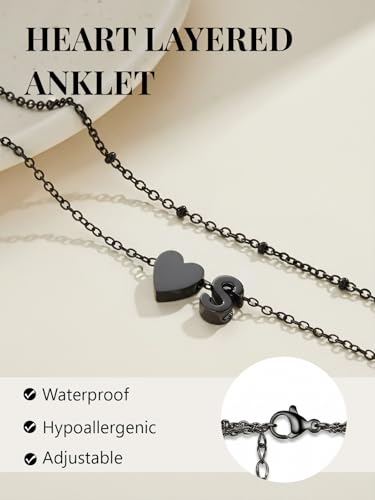 Ankle Bracelets for Women Waterproof 14K Gold/Silver/Black Initial Anklet for Women Dainty Layered Heart Ankle Bracelets Stainless Steel Adjustable Foot Chain Anklet Summer Beach Jewelry - color: Q-Black