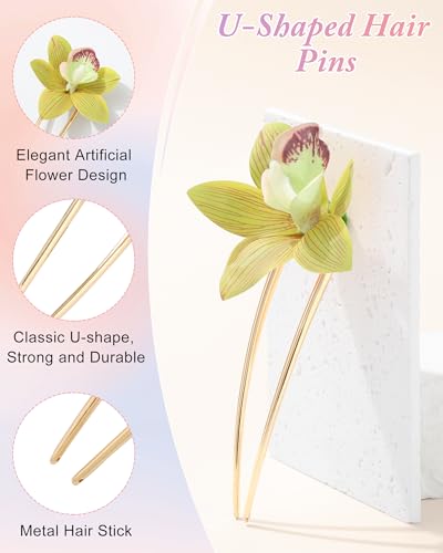 WELROG 3-Pcs Metal Hawaiian Orchid Hair Pins, Non-Slip Stick for Beach Updo | Tropical Flower Vibes,Weddings and Vacations - color: Red+Yellow+Green