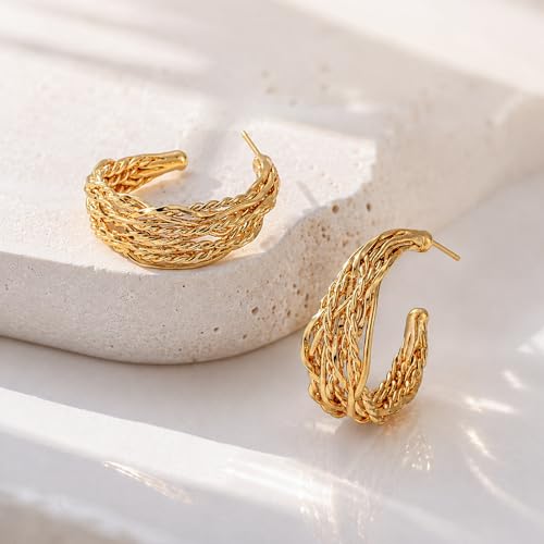 Chunky Hoop Earrings for Women 18K Gold Plated Chunky Gold Hoops Silver Plated Bold Statement Open Hoop Earrings Handmade Hypoallergenic Jewelry Gift - color: 01gold hoops