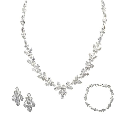 Bride Jewelry Set Silver Crystal Wedding Necklace Earrings Bracelet Set - Bridal Rhinestone Brass Pendant Accessories for Women and Bridesmaids - style: Jewelry Set 02