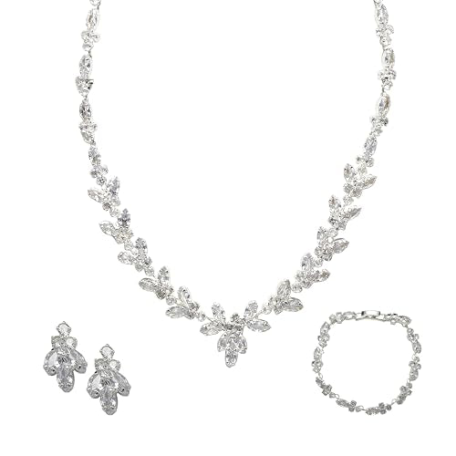 Bride Jewelry Set Silver Crystal Wedding Necklace Earrings Bracelet Set - Bridal Rhinestone Brass Pendant Accessories for Women and Bridesmaids - style: Jewelry Set 02