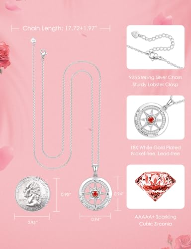 Meeshi Silver Compass Necklace for Women Birthday Gifts for Wife Anniversary Necklace for Women Rose Flower Birthstone Necklaces for Wife Jewelry for Womens Girlfriend Mom Daughter - style: 07-July-Ruby