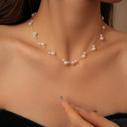 Pearls Necklaces for Women-18K Gold Plated Layered Gold Pearl Necklaces Dainty White Pearls Choker Necklace Chain Pearl Necklace for Women Elegant Valentines Gifts - color: Double Layer-2