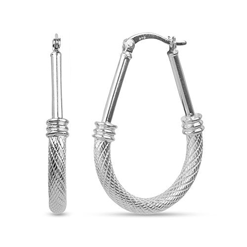 LeCalla 925 Sterling Silver Hoop Earrings for Women | Italian Design Classic Diamond-Cut Textured Hoops Earring | Women's Oval Drop Shape Silver Earring Jewelry - color: Large Textured