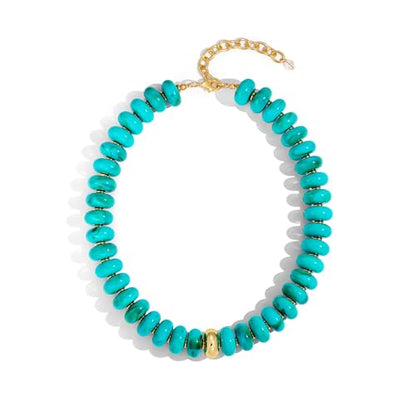 Chunky Beaded Necklace for Women Boho Statement Bead Necklace Adjustable Choker with Polished Disc/Square Beads Trendy Summer Beach Jewelry Gifts - color: Turq