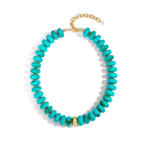 Chunky Beaded Necklace for Women Boho Statement Bead Necklace Adjustable Choker with Polished Disc/Square Beads Trendy Summer Beach Jewelry Gifts - color: Turq