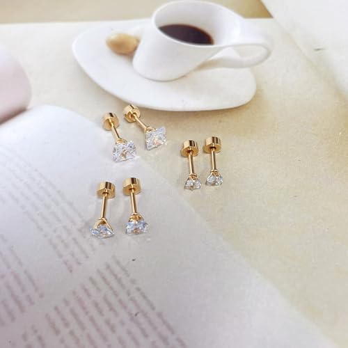 18G Princess Cut Clear Cubic Zirconia Cartilage Small Stud Earrings for Men Women Square Barbell Tragus Helix Screw Sleeper Surgical Steel Flat Back Piercing Studs Hypoallergenic 3 Pairs 3-5mm - color: Gold