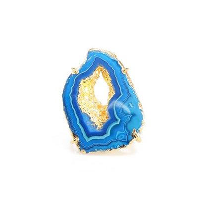 Ring Geode Druzy Slice Unique And Stylish Statement Gold Plated Jewelry Natural Gemstone Stone size 25-35 mm Approximately Adjustable Shank US Scale Size 6-9 - color: Aqua