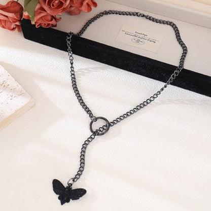 Slip Chain Choker for Women Handmade Black Stainless Steel Cuban Chain Chunky Moon Bat Raven Skull Pendant Gothic Punk Rock Collar Adjustable Lariat Y Necklace for Men - style: Black moth