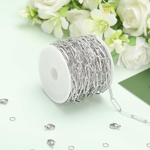 SMYHTGLIF 16.4 Feet Silver Paperclip Stainless Steel Jewelry Making Chains | Oval Soldered DIY Necklace Bracelet Chain with Lobster Clasps and Open Jump Rings for Jewelry Making - color: Silver, size: 4.5×14mm