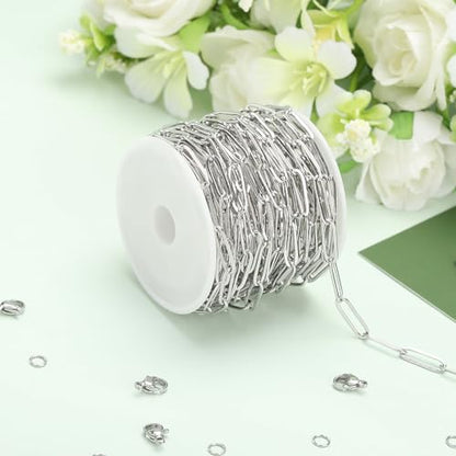 SMYHTGLIF 16.4 Feet Silver Paperclip Stainless Steel Jewelry Making Chains | Oval Soldered DIY Necklace Bracelet Chain with Lobster Clasps and Open Jump Rings for Jewelry Making - color: Silver, size: 4.5×14mm