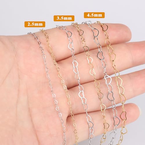 16.5FT Stainless Steel Heart Chain 3.5MM Silver Chain for Jewelry Making | Dainty Heart Link Chains Roll Bulk for Necklace Bracelet Crafts - color: stainless steel color(3.5mm)