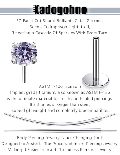 F136 Titanium 20/18/16g Internally Threaded Medusa Monroe Lip Ashley Labret Nose Rings Flat Back Tragus Helix Cartilage Conch Screw Stud Earrings Surgical Steel Piercing Jewelry for Women - color: Purple CZ, size: 16g*5/16in