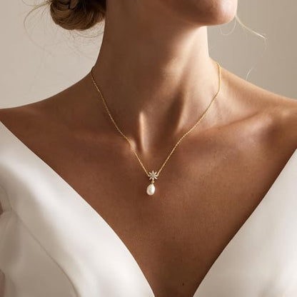 Gold Pearl Necklaces for Women Trendy, 14K Gold Plated Dainty Necklace Simple Layered Pearl Necklaces for Women Trendy Wedding Birthday Jewelry - color: 5-CZ Pearl necklace