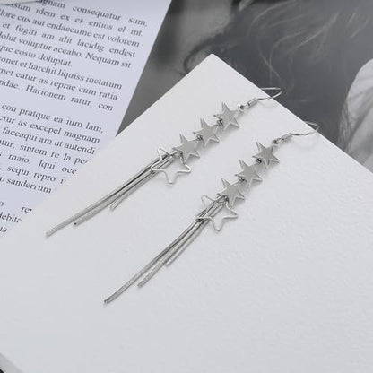 925 Sterling Silver Dangle Earrings with Charms Heart, Water drop, Moon, Star Long Drop Earring for Women Jewelry Gifts Hypoallergenic - color: star tassel