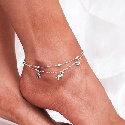 CHIC & ARTSY 925 Sterling Silver Ankle Bracelets for Women, Adjustable Layered Foot Chains with Nature & Symbol Charms, Lightweight Comfort Fit Boho Beach Everyday Jewelry - color: # Dogs Anklet