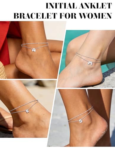 ChainsHouse Initial Ankle Bracelets for Women Waterproof, 14K Gold Plated Layered Initial Anklets Non Tarnish, Adjustable Stainless Steel Women's Ankle Summer Beach Foot Jewelry - color: Stainless Steel, size: Initial H