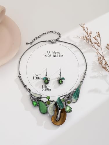 Chunky Statement Jewelry Set Vintage Retro Leaf Flower Floral Geometric Bohemian Boho Bib Necklace Earring Set Fashion Costume Jewelry for Women Girls Wedding Party Prom Unique Gift - style: teardrop leaf-green yellow