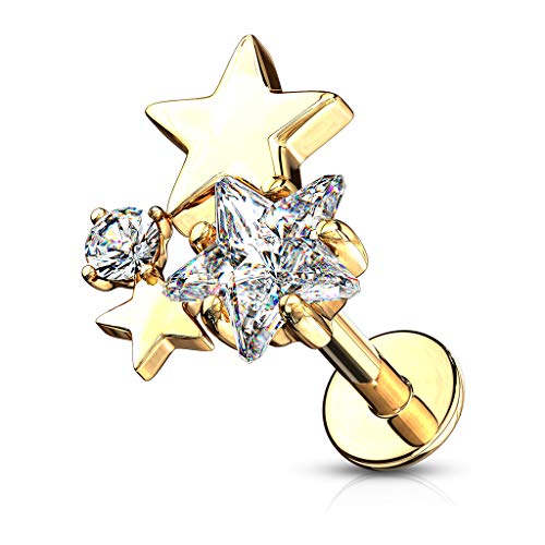 Pierced Owl - 16GA Stainless Steel CZ Crystal Star Cluster Top Labret Monroe Cartilage Ear Stud - style: Gold Tone