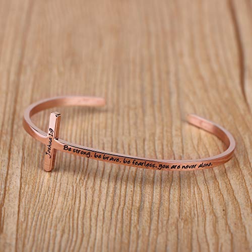 𝐂𝐫𝐨𝐬𝐬 𝐁𝐫𝐚𝐜𝐞𝐥𝐞𝐭 Religious Cuff Bangle 𝐁𝐢𝐛𝐥𝐞 𝐕𝐞𝐫𝐬𝐞 Christian Gifts Jewelry for 𝐖𝐨𝐦𝐞𝐧 - style: Rose gold-Be strong ,Be brave ,Be fearless.you are never alone -Joshua 1:9