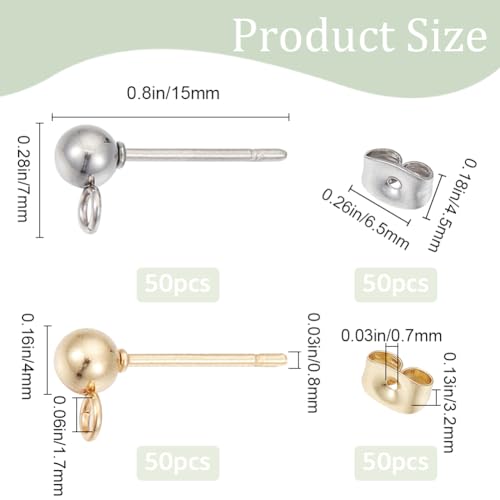 1 Box 200Pcs Ball Post Earring Studs Hypoallergenic Earring Posts Silver Stainless Steel Ear Stud with Butterfly Ear Back and Loop Connector Findings for Jewelry Making Supplies DIY - color: Gold, Stainless Steel Silver