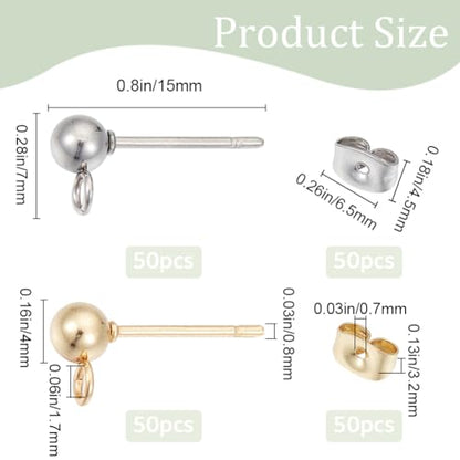 1 Box 200Pcs Ball Post Earring Studs Hypoallergenic Earring Posts Silver Stainless Steel Ear Stud with Butterfly Ear Back and Loop Connector Findings for Jewelry Making Supplies DIY - color: Gold, Stainless Steel Silver