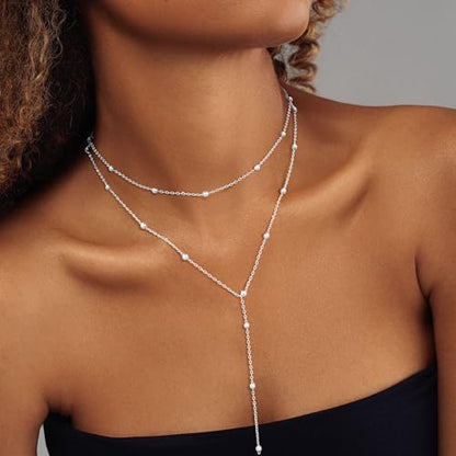 Lariat Gold Necklaces for Women Trendy Dainty Long Necklace 14k Gold Plated/Silver Layered Drop Beaded Chain Necklaces Y-shaped Pendant Necklace Simple Gold Jewelry Gifts - color: Beaded-Silver