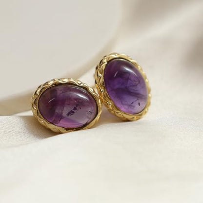 Gempires Bold Oval Gemstone Stud Earrings for Women – Natural Healing Stone Jewelry 14K Gold-Plated Hypoallergenic Tarnish-Resistant – Bold Statement Studs Gift for Her - style: Amethyst
