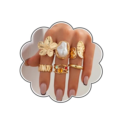 Chunky Gold Rings Set for Women Trendy Statement Flower Knuckle Ring Baroque Pearl Stack Ring Wrinkled Prom Outfits Accessories - color: Gold
