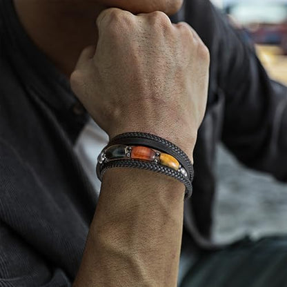 Mens Tiger Eye Leather Bracelet, Natural Tiger Eye Stone Multi-Layer Braided Cuff Bracelets for Men, Stainless Steel with Buckle Memorial Bangle Gifts for Him - color: Black1