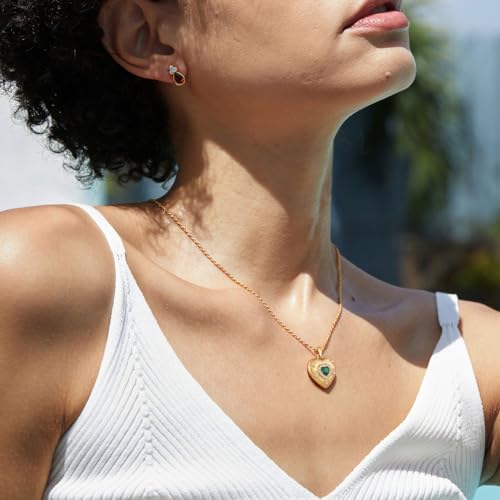 NUZON Sunburst Heart / 2-Tone Interlocking/CZ Evil Eye/Single Pearl/Love Heart Pendant Necklace for Women 14K Gold Chain Necklace Chunky Statement Jewelry - color: Emerald Heart