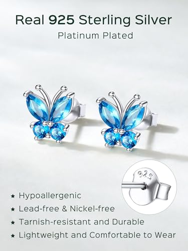 ChicSilver 925 Sterling Silver Bow/Butterfly Earrings for Women Hypoallergenic Birthstone Earrings Dainty Bow/Butterfly Jewelry Gift for Women - color: Butterfly-December-Blue Topaz