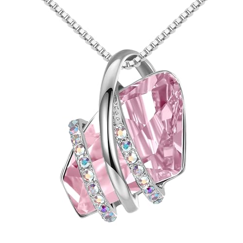 Leafael Wish Stone Pendant Necklace with Birthstone Crystal, 18K Rose Gold Plated/Silvertone, 18" + 2" - color: 210b-October-Light Rosaline Pink-Silvertone