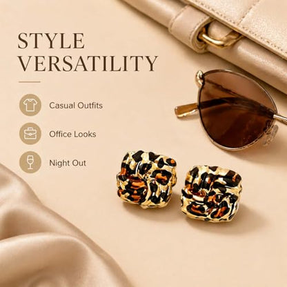 Golden Geometric Leopard Print Earrings for Women,Retro Gold Plated Square and Triangle Studs,Hypoallergenic Statement Jewelry,Fashion Animal Print Accessories Earring for Everyday & Party Wear - color: Square Leopard