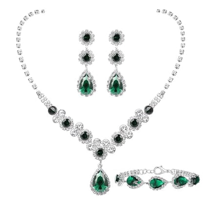 Paxuan Silver/Gold Rhinestone Crystal Wedding Bridal Bridesmaids Earrings Bracelet Set for Women Brides Bridesmaids Crystal Rhinestone Bracelet Earrings Set for Wedding Bridal Prom Pageant - color: Emerald Green