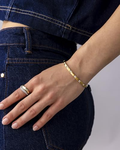 PAVOI Waterproof Thin Love Bracelet for Women - 14K Gold Plated Dainty Love Bangle with Cubic Zirconia - Stainless Steel Hinge Bracelet Jewelry Gifts - color: White Gold, size: 6.5 Inches