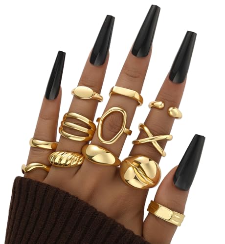 iF YOU 25 Pcs Gold Stackable Ring Set for Women, Chunky Knuckle Finger Midi Rings, Silver Simple Stacking Cute Rings Pack Trendy Stuff Jewelry Gift - style: 12 Gold big chunky