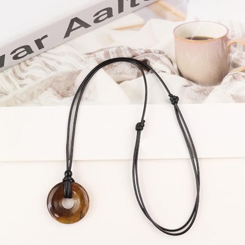 Anjiucc Natural Gemstone Pendant Necklce Lucky Coin Crystal Necklace Donut Pendnat with Adjustable Rope Healing Crystal for Men - color: Tiger's Eye