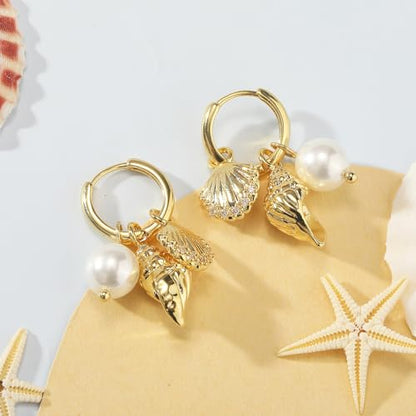 Dangle Gold Charm Earrings for Women 14K Gold Plated Bow Cherry Rose Zirconia Dragonfly Love Heart Wing Cross Pearl Conch Seashell Huggie Hoop Earring Drop Cross Trendy Party Jewelry Gifts for Women - style: Seashell and Pearl