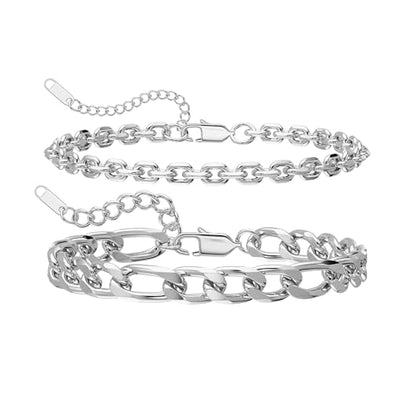 Silver Bracelet Set for Men, Figaro and Cable Link Chain | Stainless steel Figaro and cable link bracelets for stacking, daily wear, and gifts - color: Style1-8 inch