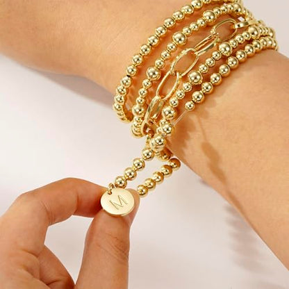 Beaded Bracelets for Women, 18K Gold Plated Initial A-Z Stretch Bead Ball Stackable Bracelet with Letter Jewelry Set Gifts - size: Gold-T