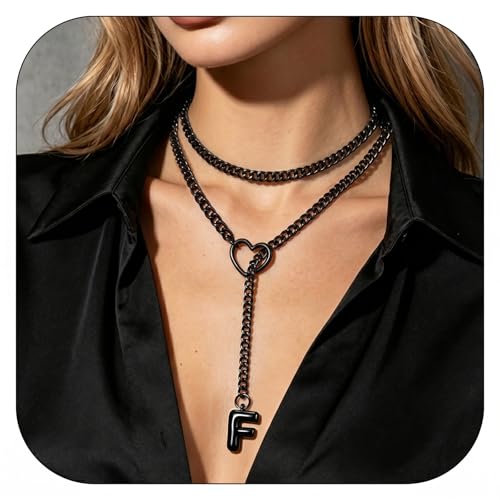 Black Heart Slip Chain Initial Necklaces for Women, Stainless Steel Wrap Choker Necklace, Gothic O-Ring Adjustable Lariat Y Necklaces, Punk Cuban Collar Choker Necklace, Halloween Jewelry Gift - color: Black F