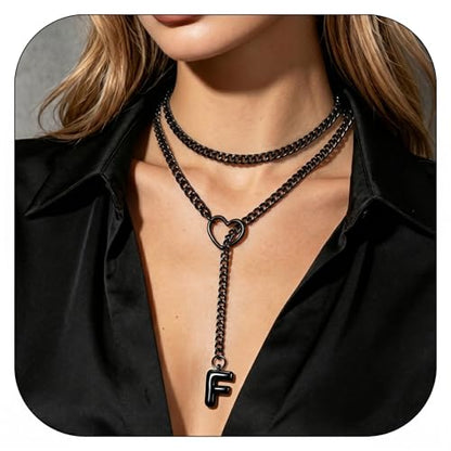 Black Heart Slip Chain Initial Necklaces for Women, Stainless Steel Wrap Choker Necklace, Gothic O-Ring Adjustable Lariat Y Necklaces, Punk Cuban Collar Choker Necklace, Halloween Jewelry Gift - color: Black F