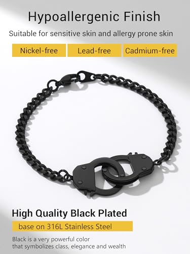 PROSTEEL Trendy Handcuffs Design/Customize Words Ankle Bracelet For Women, 316L Stainless Steel Anklets Silver/Gold/Black Tone, Hypoallergenic, Come with Box - style: B Black-Bracelet(7.5")