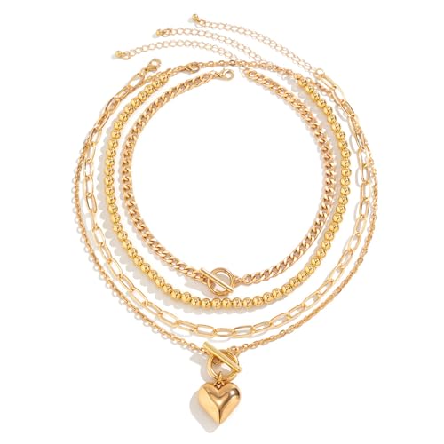 4pcs Layered Gold Necklace for Women NonTarnish Chunky Gold Necklace Retro Coin Heart Pendant Necklace Paperclip Chain Jewelry Set - color: Gold
